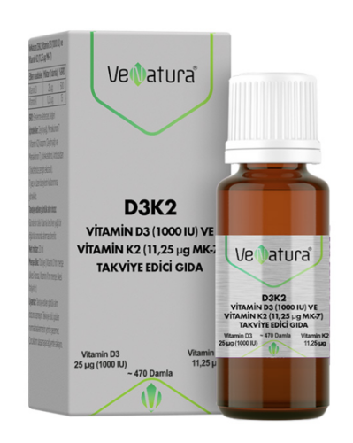 Venatura D3K2 Vitamin D3 1000 IU ve Vitamin K2 11,25 mcg MK-7 Takviye Edici Gıda 20 ml - VEFA